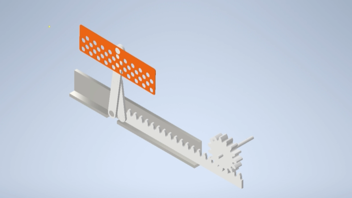 CAD render of the Guardian Angel bed-rail mechanism: an orange perforated panel mounted on a hinged rack-and-pinion rail assembly.