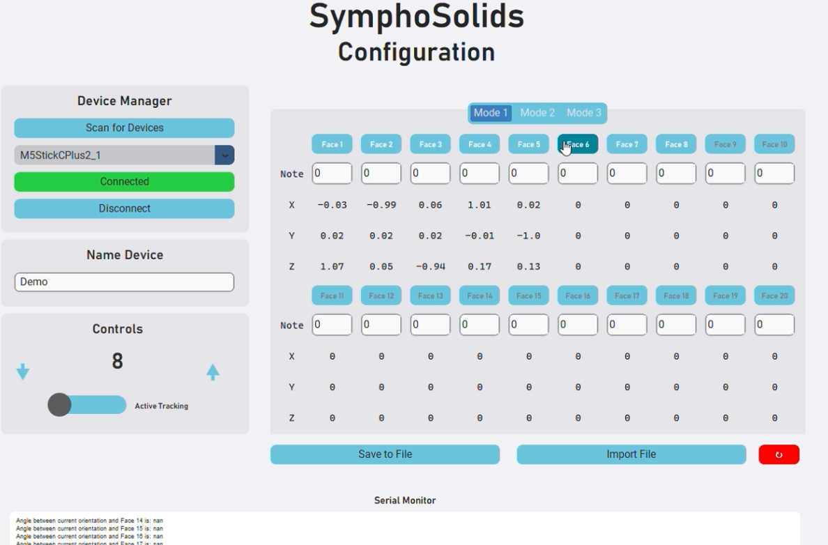Screenshot of the SymphoSolids configuration GUI: a device manager panel on the left, and a grid mapping per-face note and X/Y/Z orientation values across multiple modes.